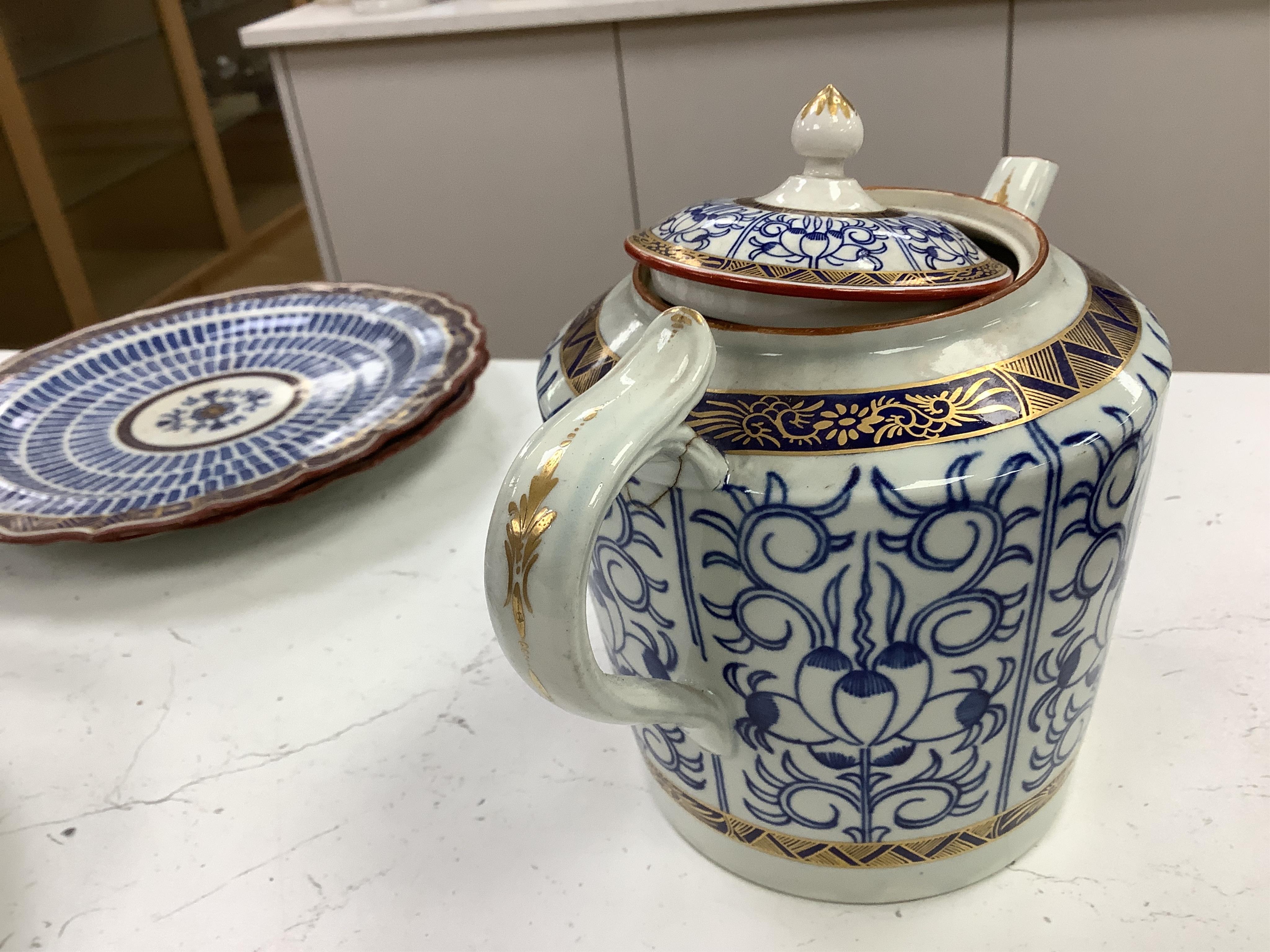 A collection of Worcester Royal Lily pattern tea, coffee and dessert wares and two similar dishes, late 18th/early 19th century